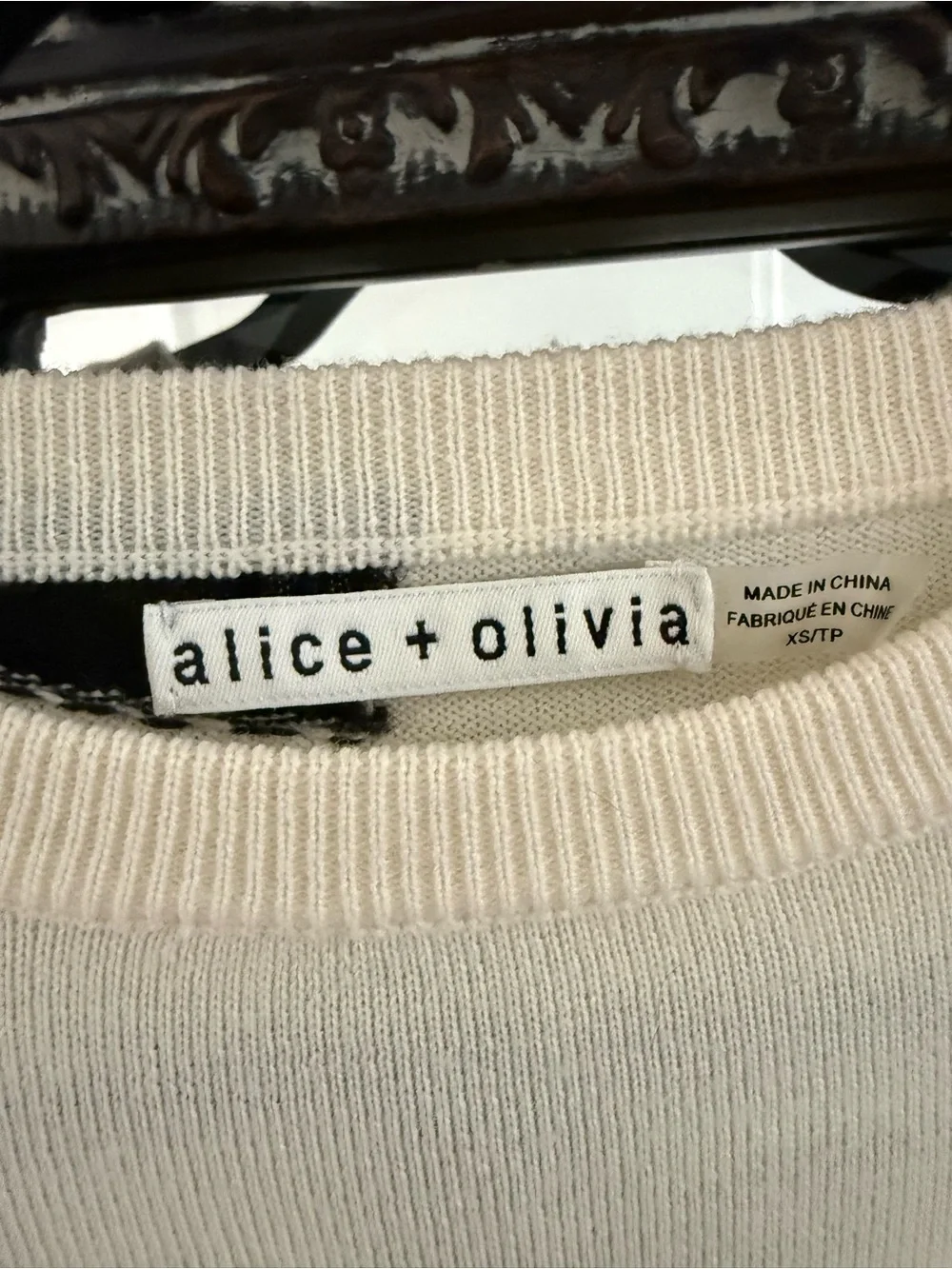 Alice + Olivia Cream Crewneck Sweater with Black Heart Appliqués